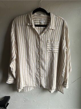 J.Jill Love Linen Tan White Striped Button Down Shirt Coastal Boxy Resort L